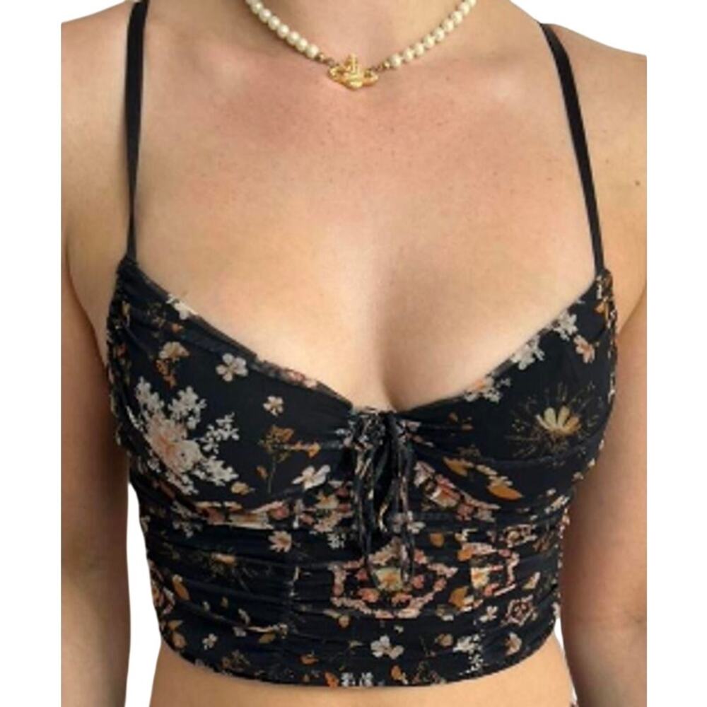 Victoria Secret Multicolor Floral Black Mesh Top Womens Xsmall
